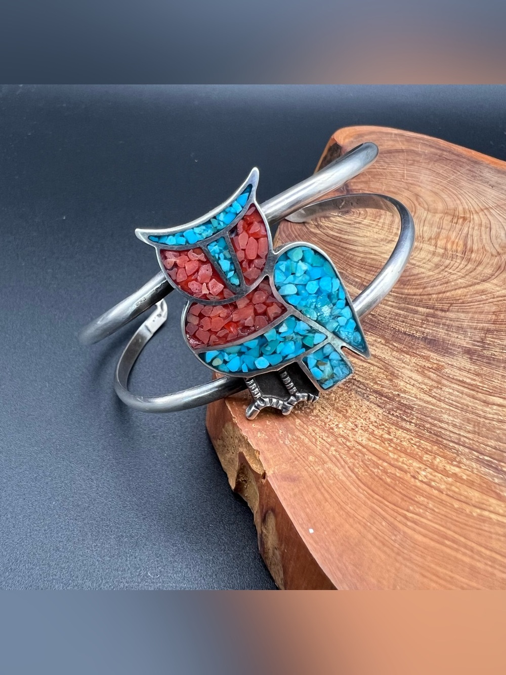 Native American Turquoise & Coral Owl Cuff